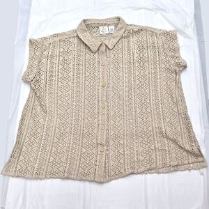 Goa Beachwear By Japna Tan Crocheted Lace Short Sleeve Button Up Coverup Top XL